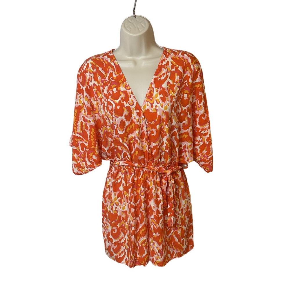 Tropical Sunset Romper Womens S Orange Pink Leopard Print Resort Vibes - Picture 7 of 11